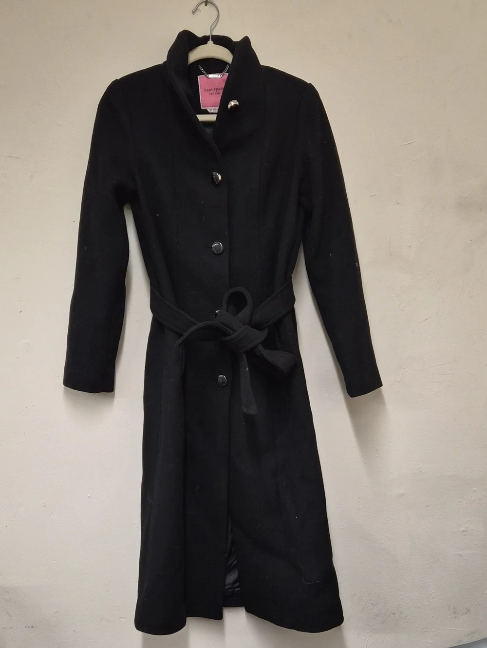 kate spade Black Long Wool Belted Trench Coat Size XXS